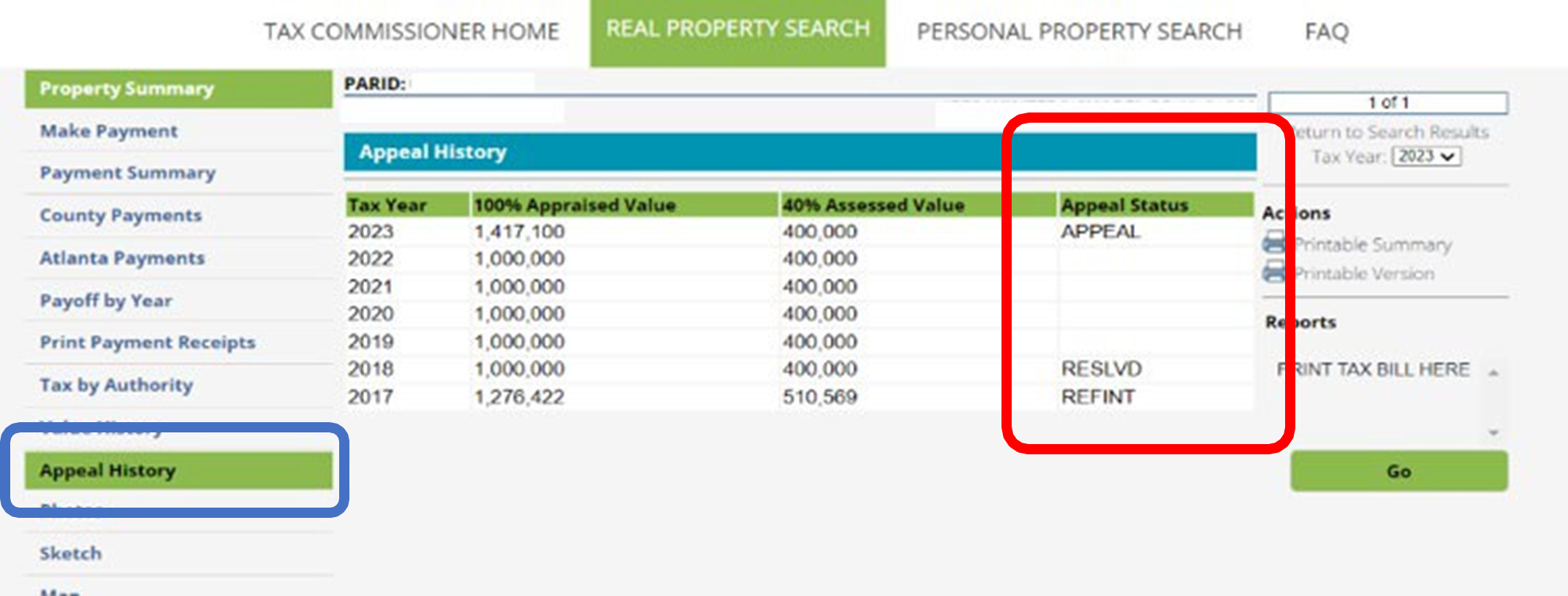 Screen capture of appeal status