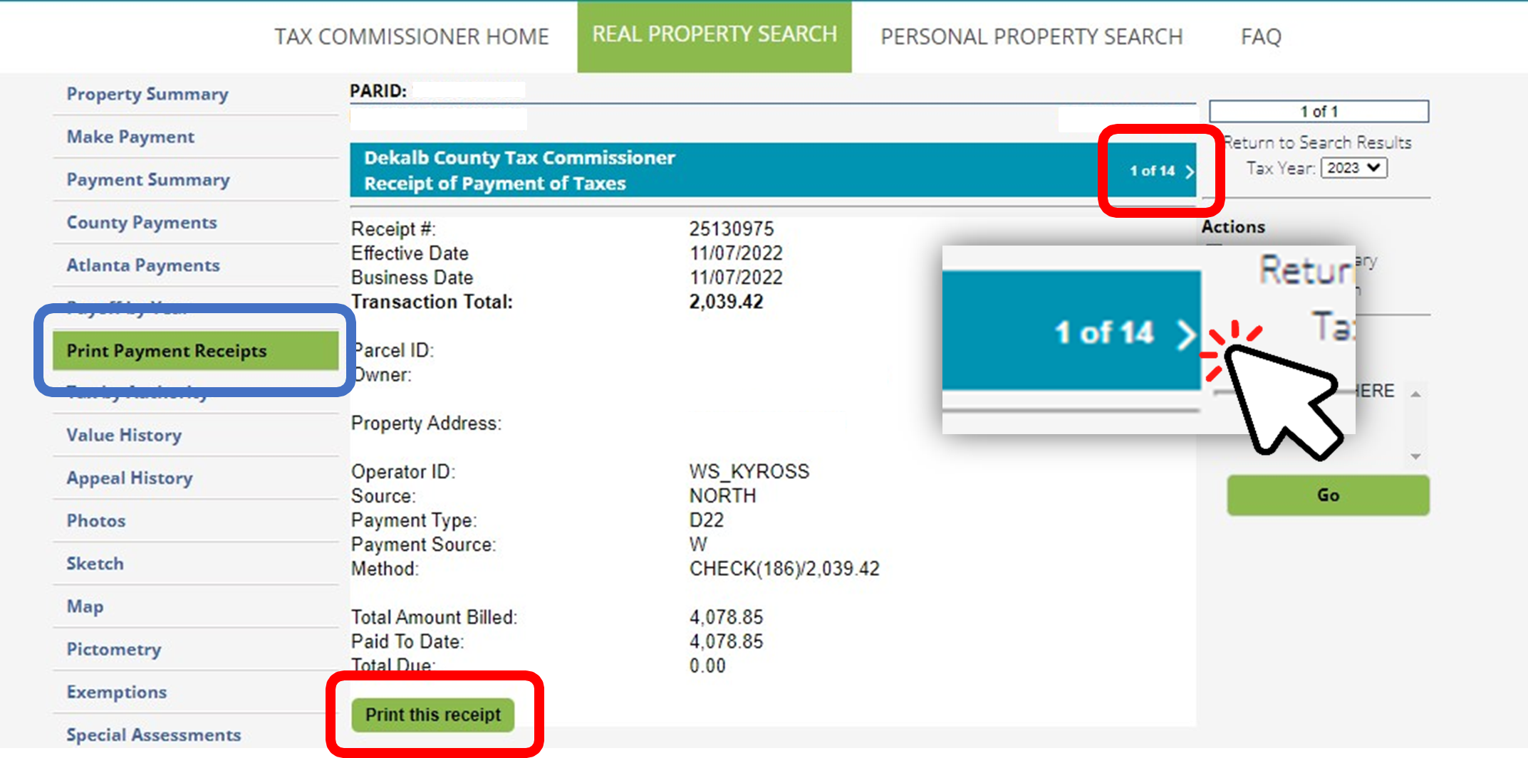 Location of receipt print button screen capture