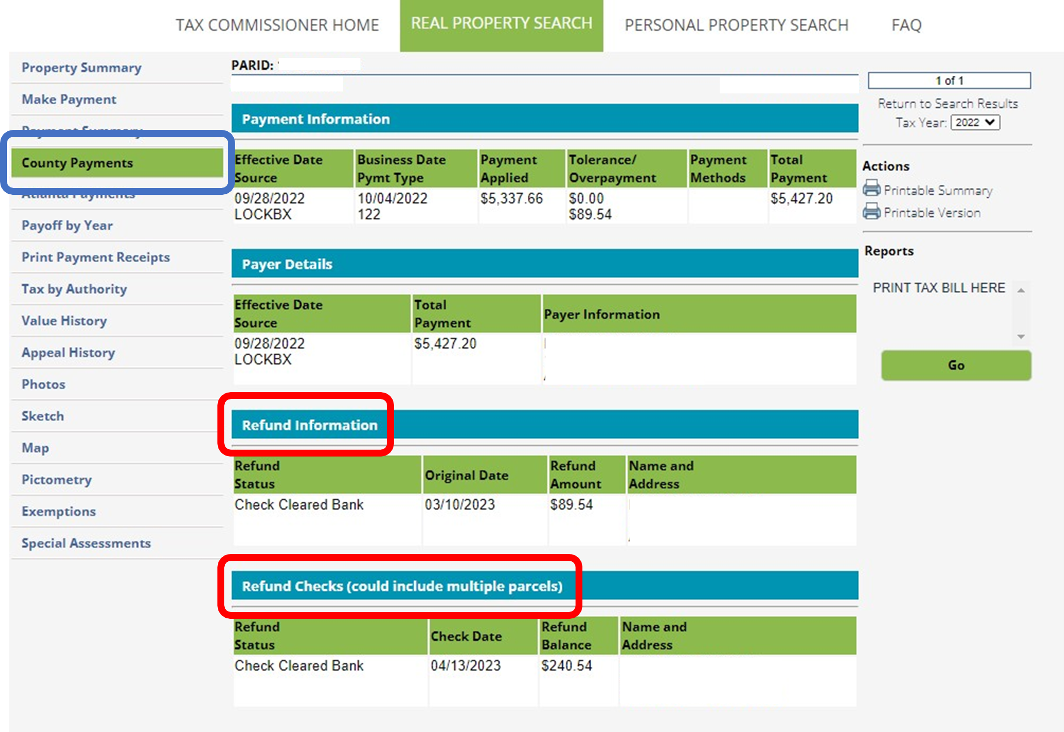 Screen capture of refund information