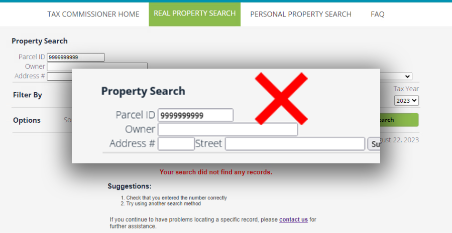 Screen capture of incorrect parcel number format