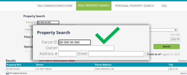 Screen capture of correct parcel number format